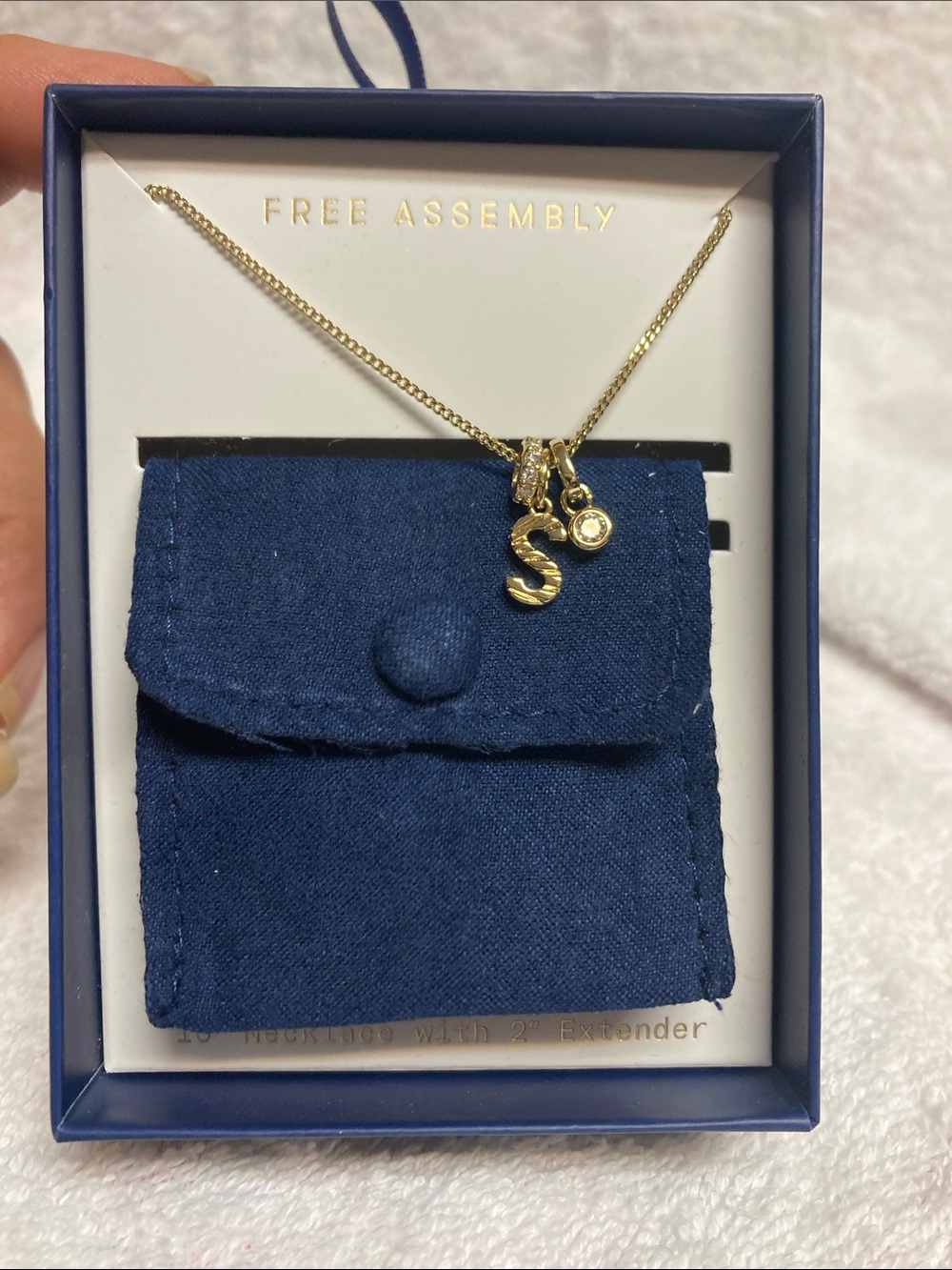 Free Assembly Gold Initial 'S' Necklace with Charm - Navy Pouch